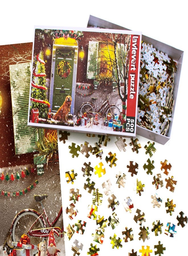 Lavievert Jigsaw Puzzle 500 Piece Puzzle for Adults - Christmas on Doorstep, Smiling Golden Retriever - Image 5
